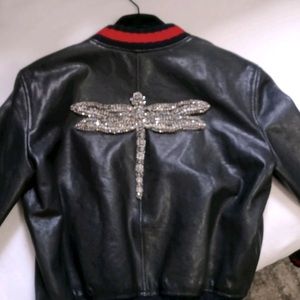 Gucci leather embroidered dragonfly jacket